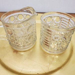 Federal Glass Windsor Button &Cane Clear Open Sugar Bowl & Creamer USA Vintage